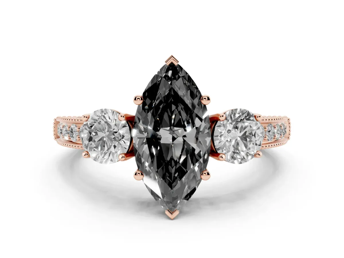 Fancy Black Marquise Cut Three-Stone Diamond Ring with Pavé Band and Four-Prong Setting Rose gold