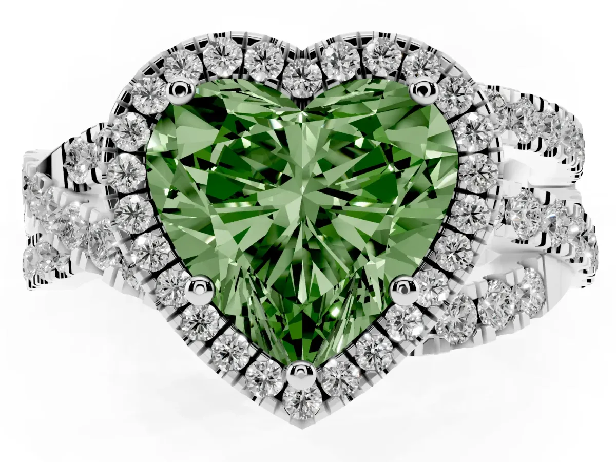Fancy Green Heart Cut Diamond Halo Ring with Round Split Shank and Prong Setting Silver