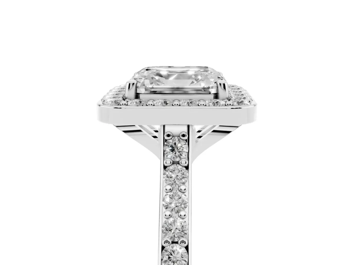 Asscher Cut Diamond Halo Engagement Ring with Round Pavé Shoulders and Prong Setting White gold