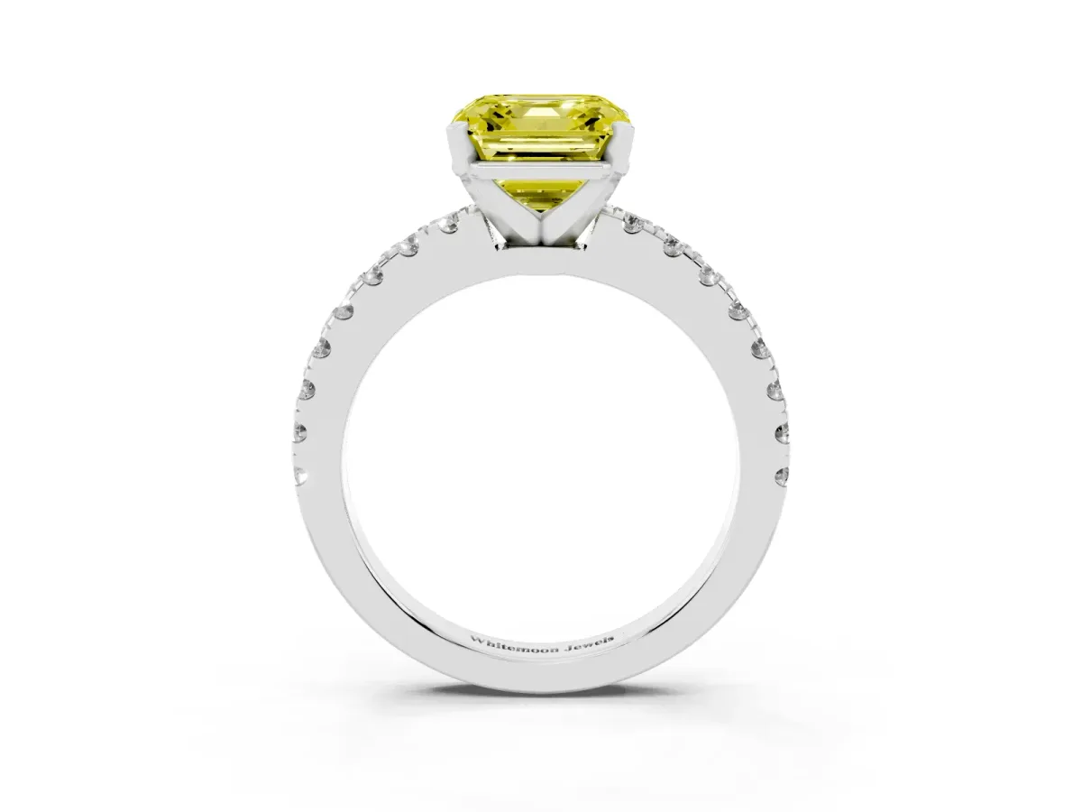 Fancy Yellow Asscher Cut Solitaire Diamond with Pavé Band and Four-Prong Setting Platinum