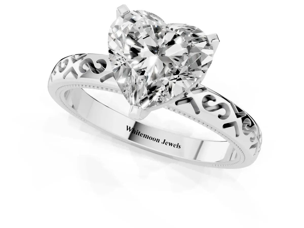 Heart Cut Solitaire Engagement Ring with Scrollwork Band and Four-Prong Setting White gold