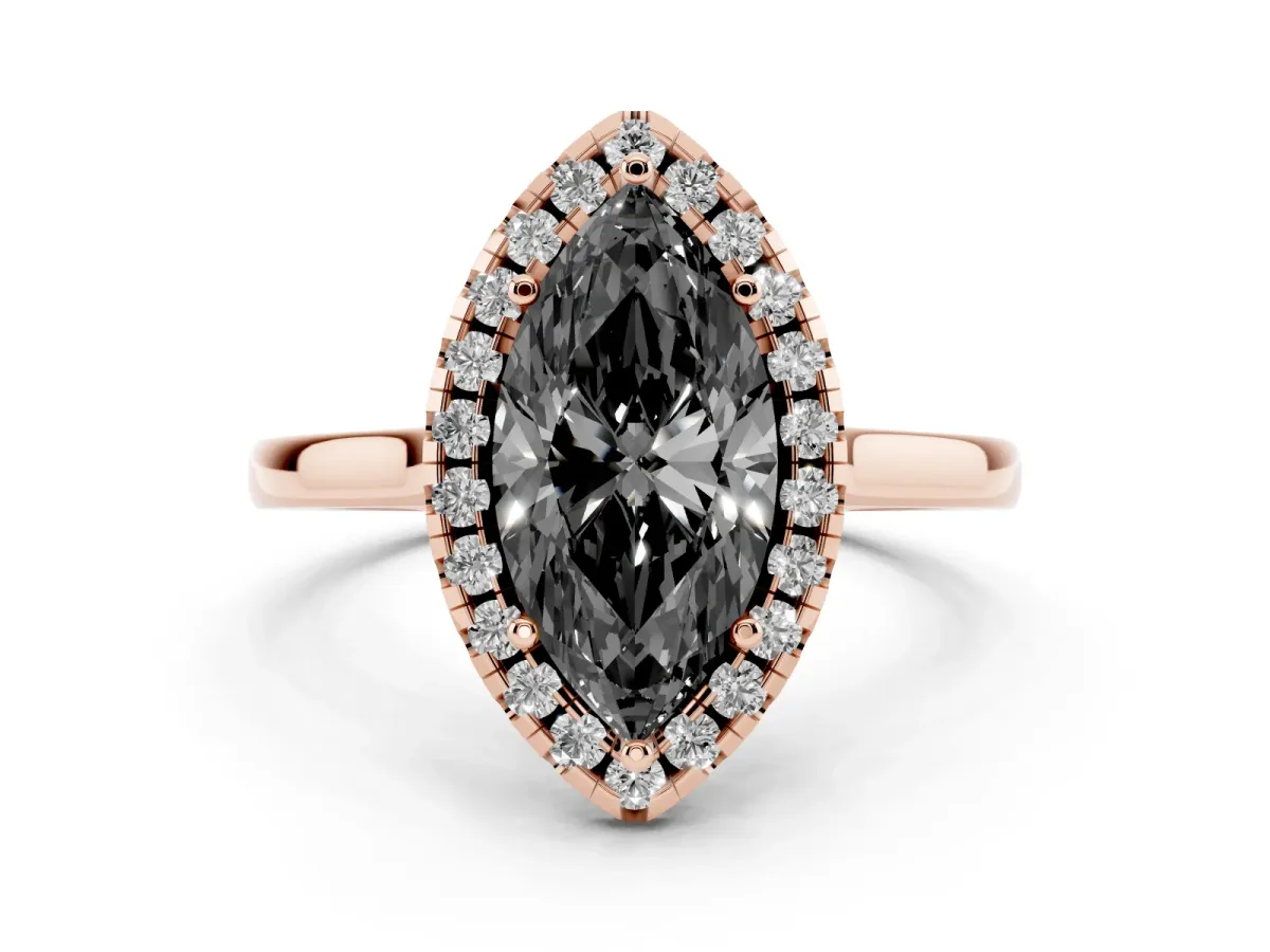 Fancy Black Marquise Cut Halo Round Diamond Solitaire Ring with Pavé Band and Four-Prong Setting Rose gold