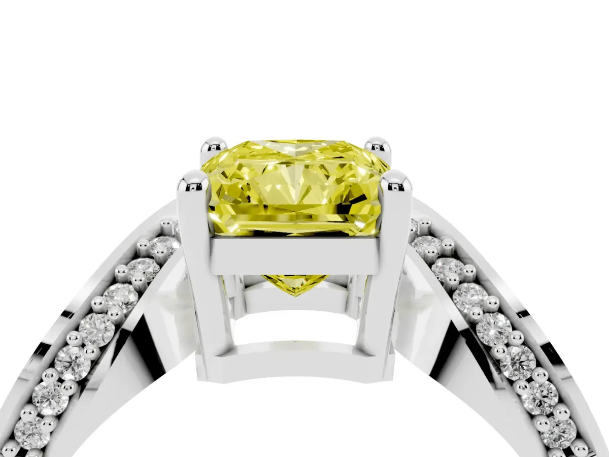 Fancy Yellow Radiant Cut Solitaire Diamond Engagement Ring with Pave Band and Four-Prong Setting Silver