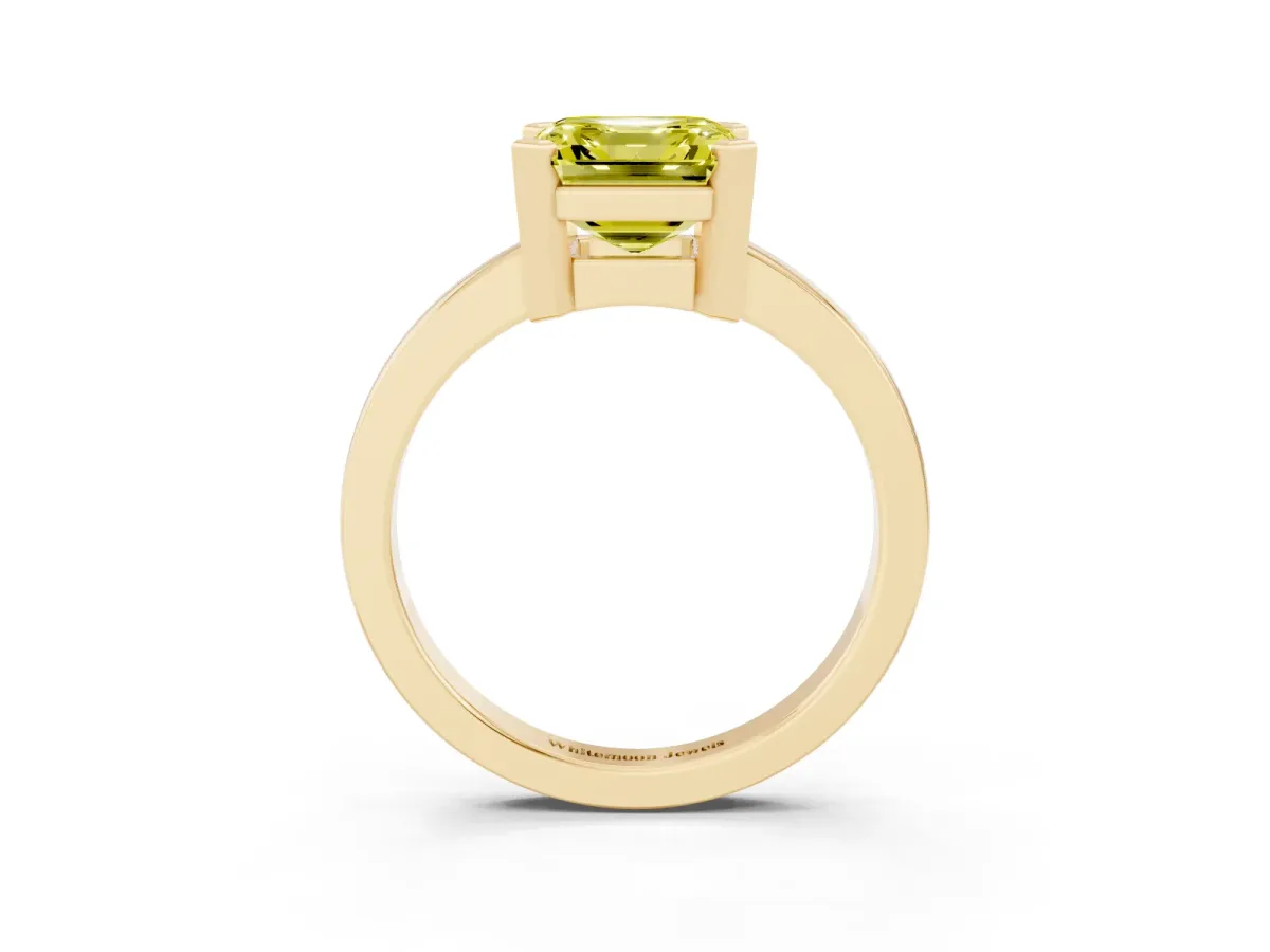 Fancy Yellow Asscher Cut Cut Solitaire Ring with Four-Prong Setting and Classic Band Yellow gold