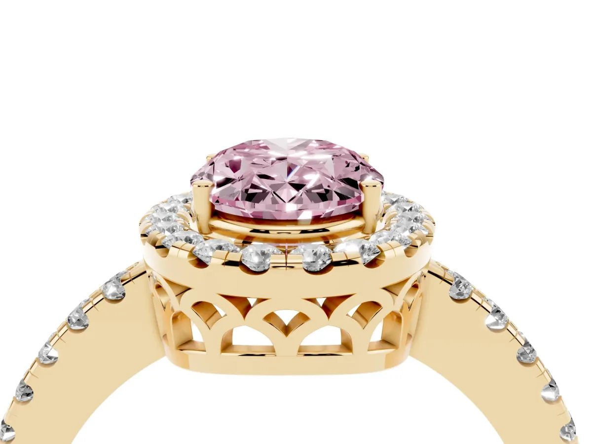 Fancy Pink Oval Cut Halo Diamond Engagement Ring with Pavé Band and Four-Prong Setting Yellow gold