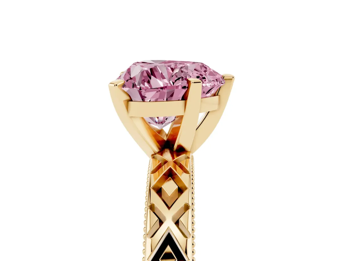 Fancy Pink Heart Cut Solitaire Diamond Ring with Milgrain and Black Enamel X Pattern Band Yellow gold