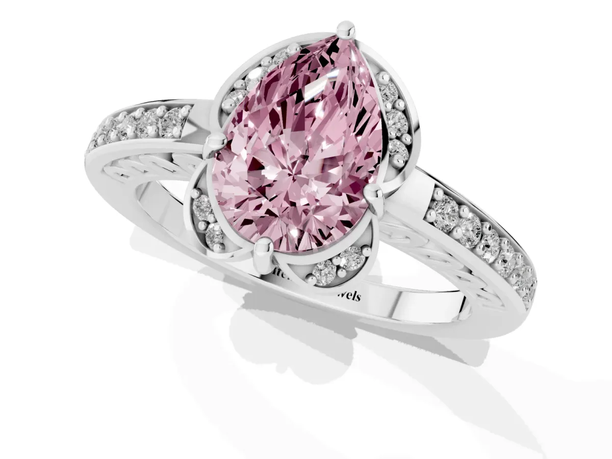 Fancy Pink Pear Cut Cut Halo Diamond Ring with Channel Set Band and Four-Prong Setting Platinum