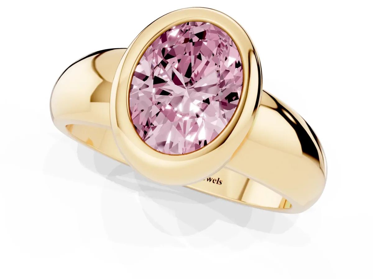 Fancy Pink Bezel Set Oval Cut Solitaire Ring with Wide Band Yellow gold