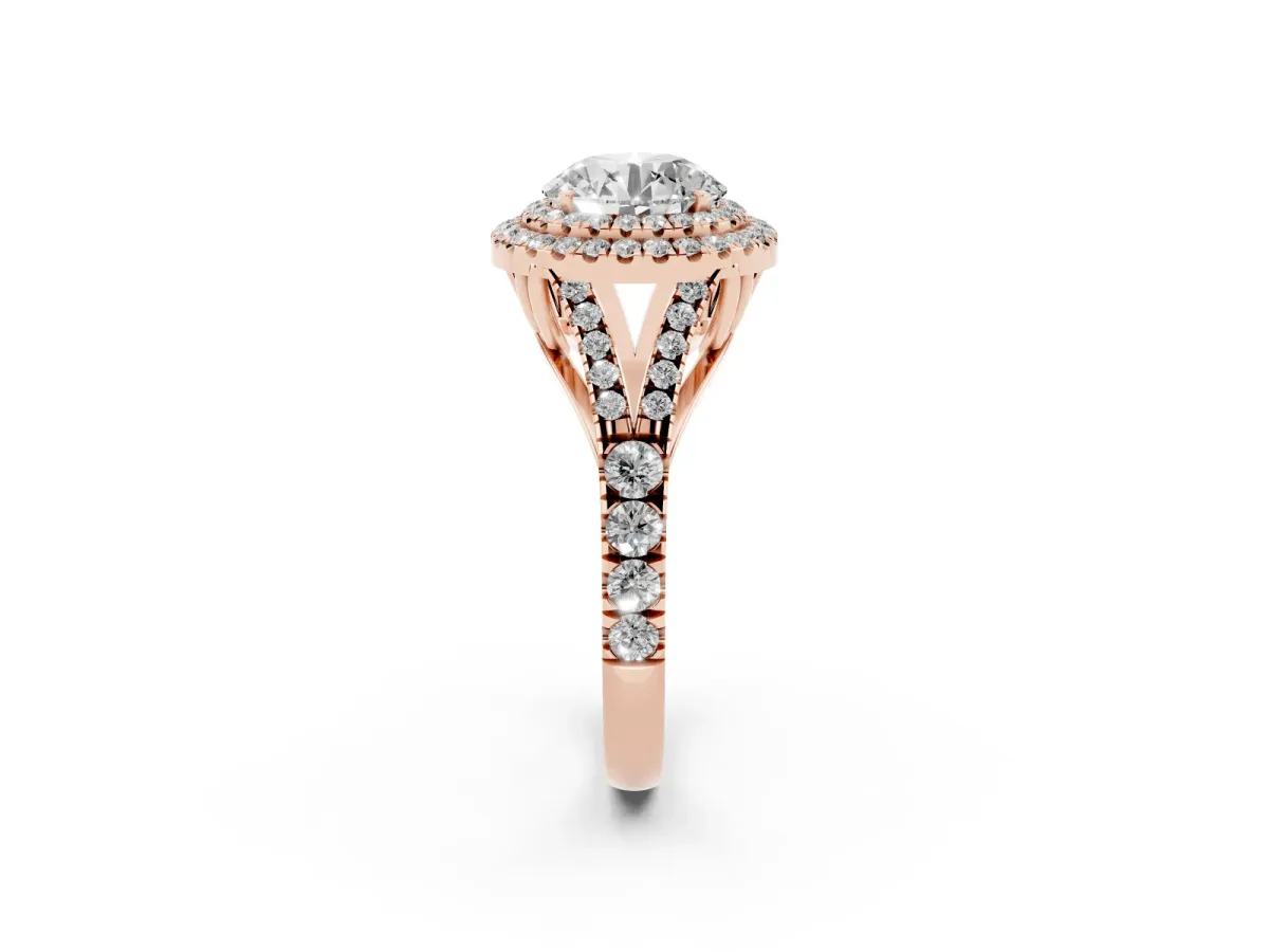 Double Halo Round Cut Diamond Split Shank Engagement Ring with Four-Prong Setting Rose gold