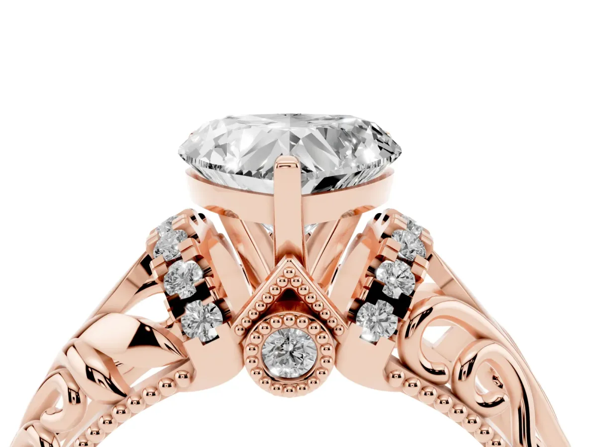 Heart Cut Solitaire Filigree Engagement Ring with Halo and Prong Setting Rose gold