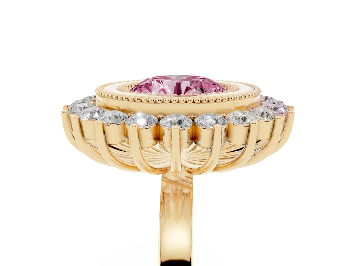 Fancy Pink Round Cut Halo Diamond Ring with Milgrain Edge and Round Prong Setting Yellow gold