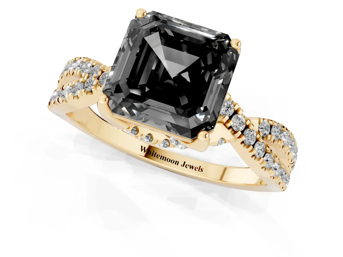 Fancy Black Asscher Cut Solitaire Twist Pave Diamond Engagement Ring with Prong Setting Yellow gold
