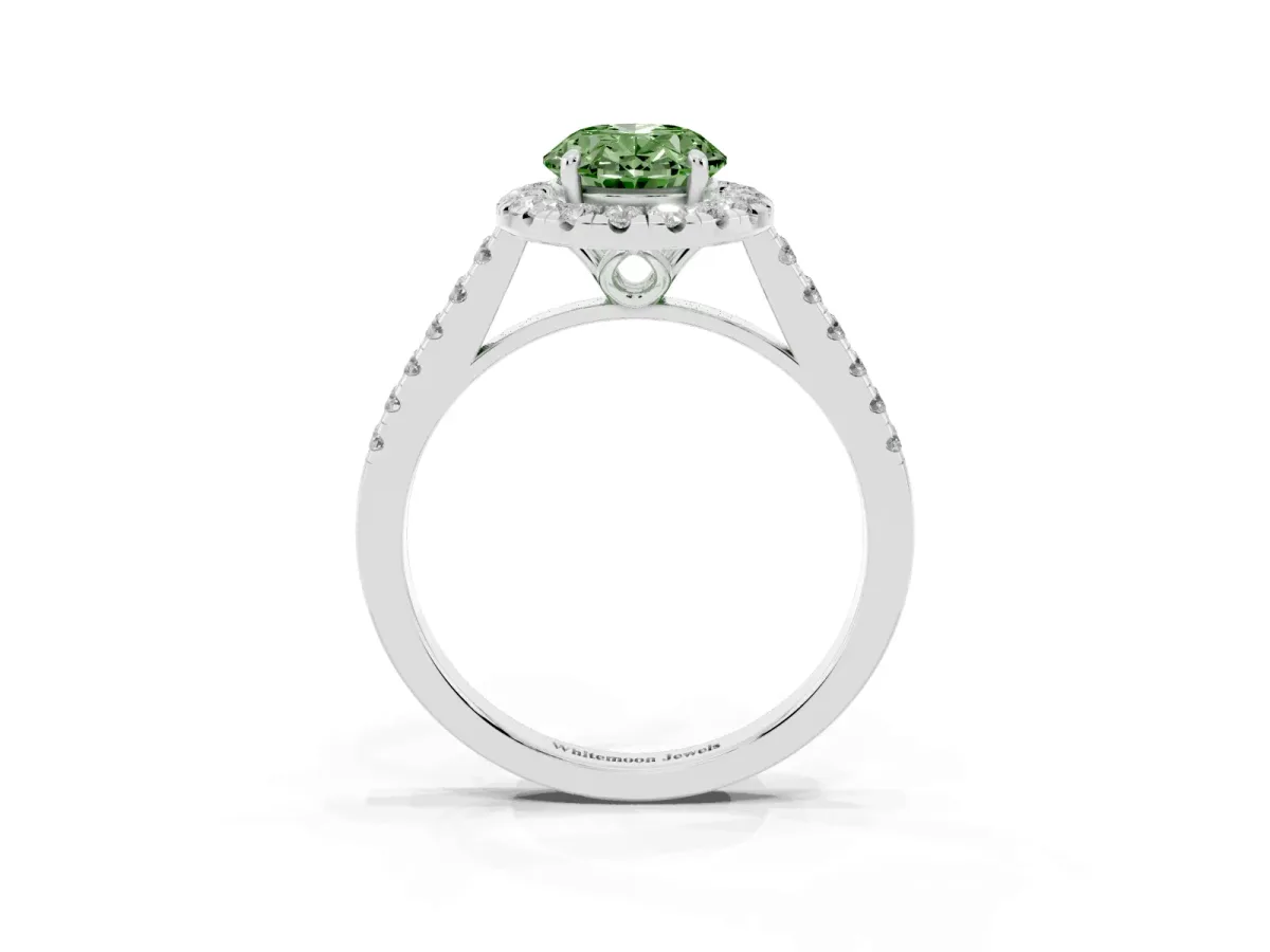 Fancy Green Oval Cut Halo Pavé Diamond Engagement Ring with Four-Prong Setting Silver