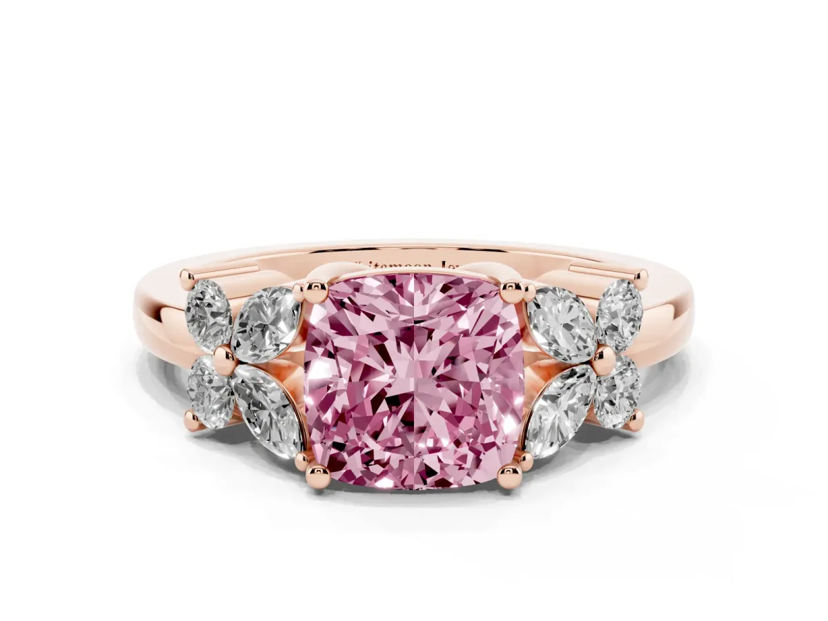 Fancy Pink Cushion Cut Diamond Floral Cluster Ring with Solitaire Band and Prong Setting Rose gold
