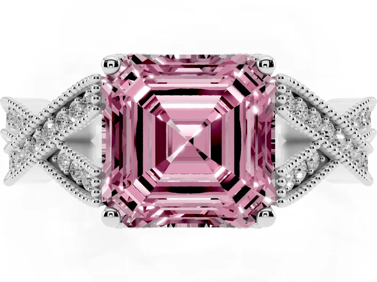 Fancy Pink Asscher Cut Cut Diamond Twisted Band with Milgrain Pave Setting and Four-Prong Setting Silver