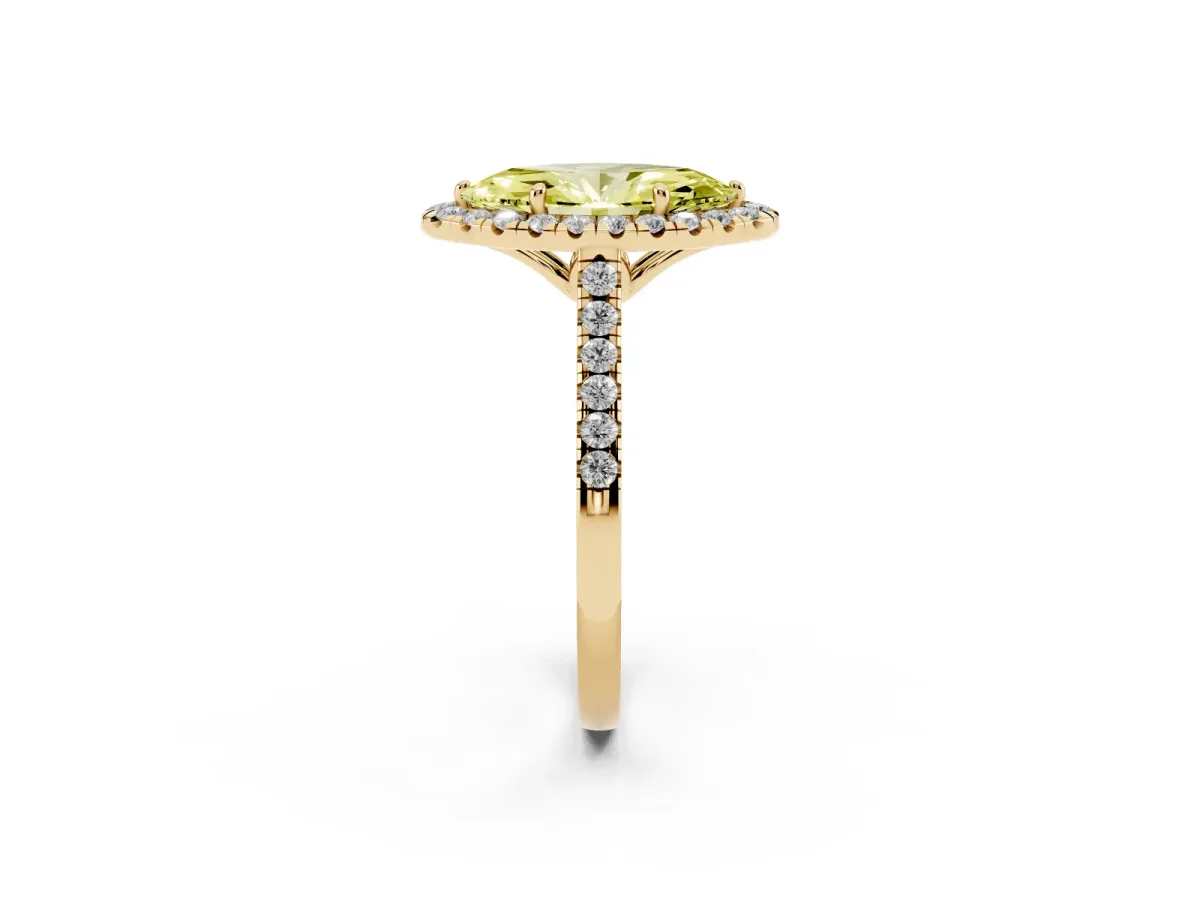 Fancy Yellow Marquise Cut Halo Pavé Diamond Engagement Ring with Four-Prong Setting Yellow gold