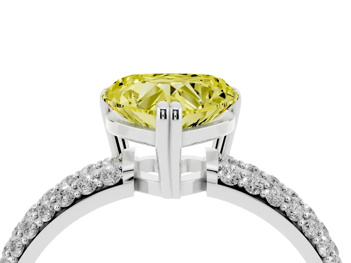Fancy Yellow Heart Cut Diamond Solitaire Ring with Multi-Row Round Pavé Band and Prong Setting White gold