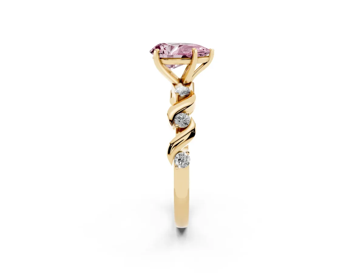 Fancy Pink Pear Cut Diamond Solitaire Twisted Band with Round Accents and Prong Setting Yellow gold
