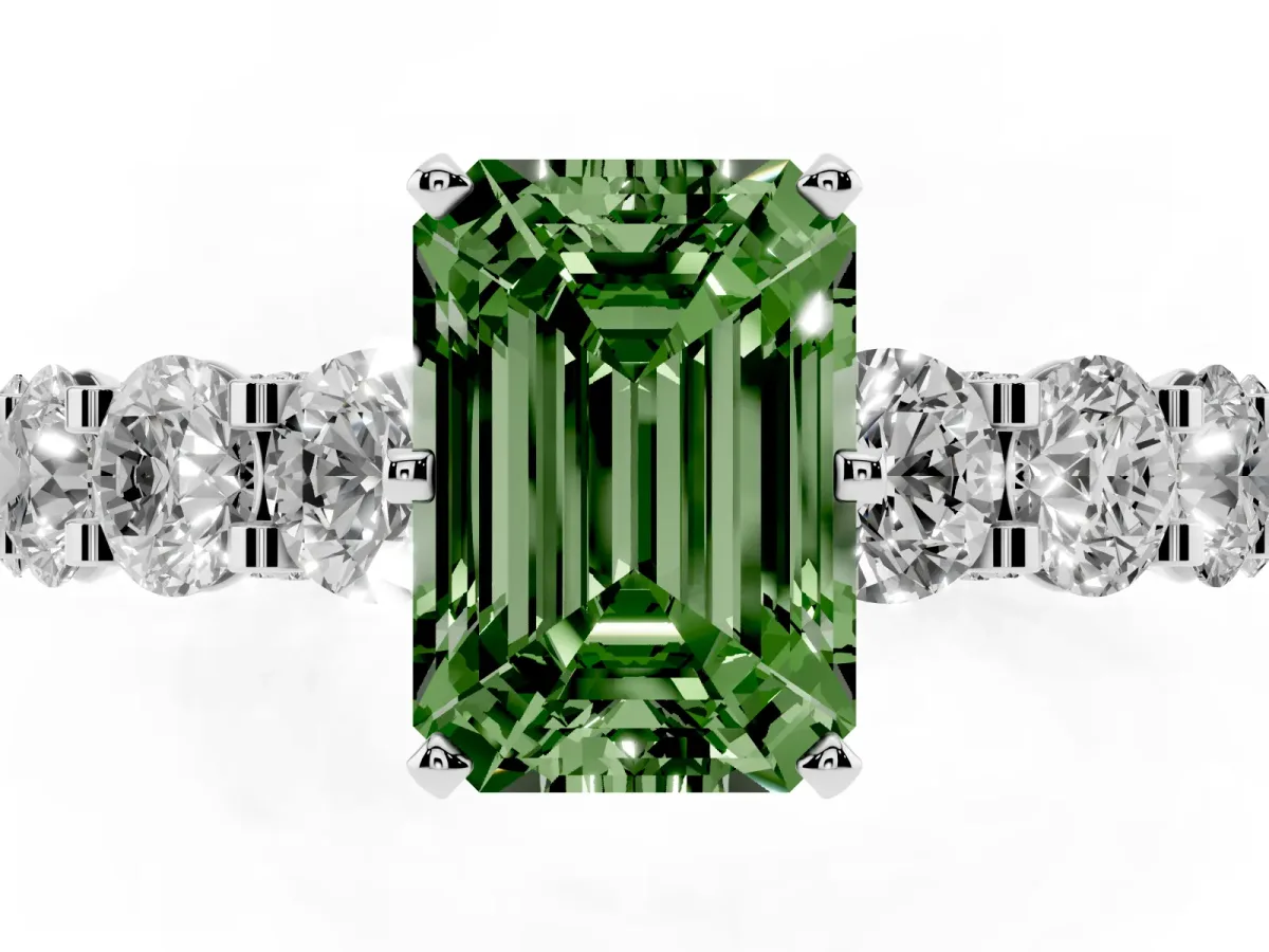 Fancy Green Emerald Cut Diamond Side Stone Engagement Ring with Four-Prong Setting Silver