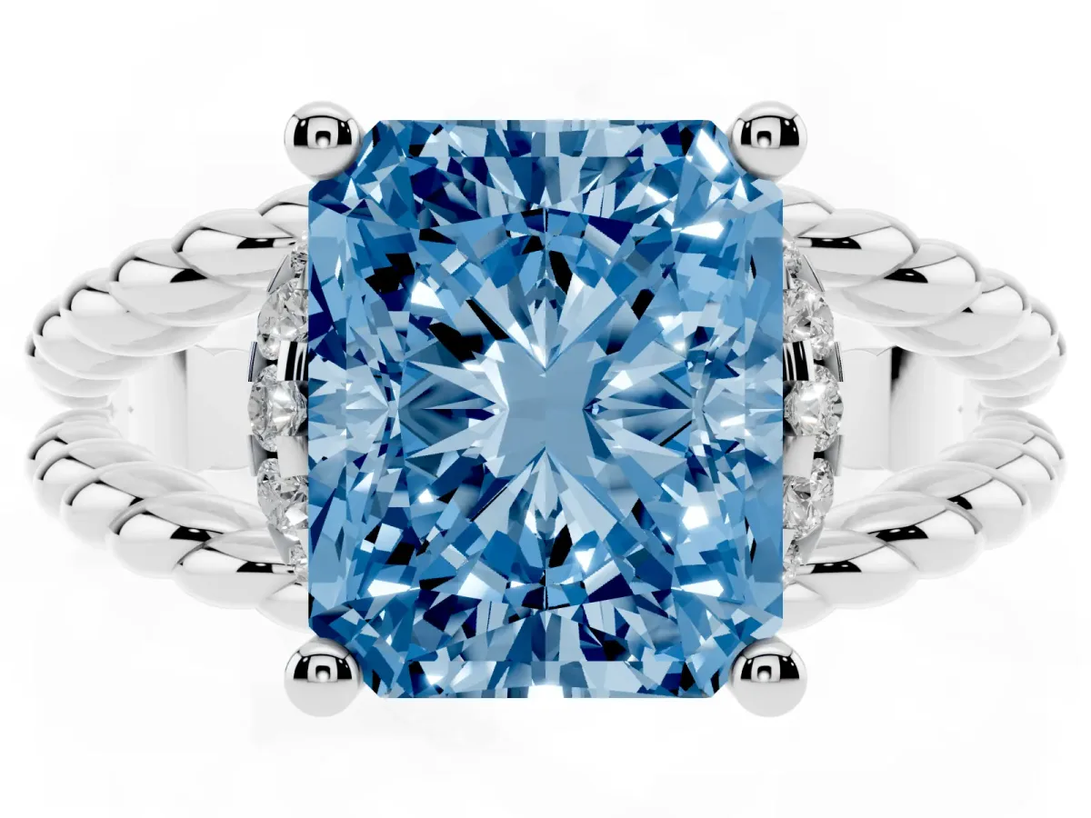 Fancy Blue Radiant Cut Halo Twisted Band Four-Prong Ring Silver