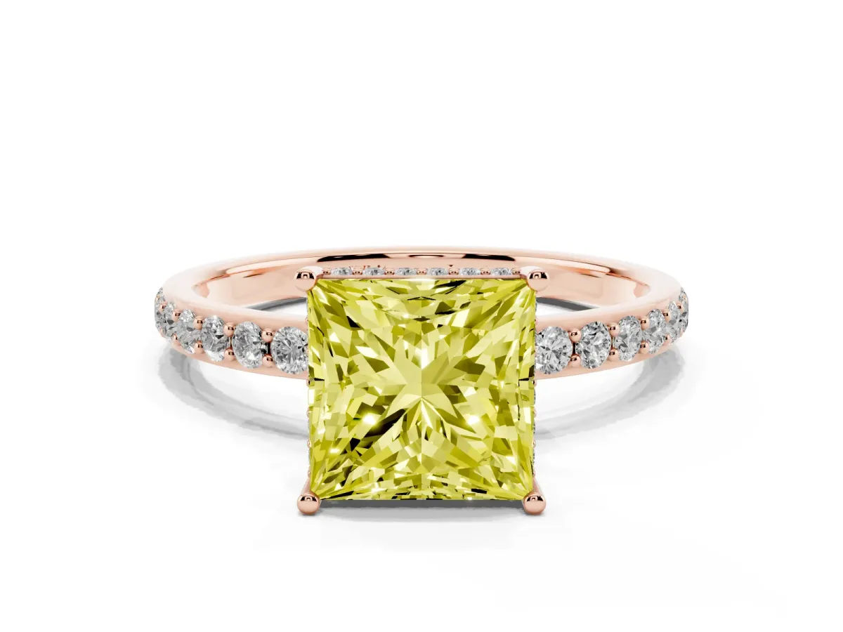 Fancy Yellow Princess Cut Diamond Solitaire Ring with Pavé Band and Hidden Halo Rose gold