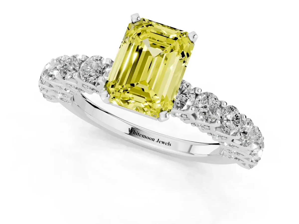 Fancy Yellow Emerald Cut Diamond Solitaire Ring with Shared Prong Pavé Band and Four-Prong Setting Silver