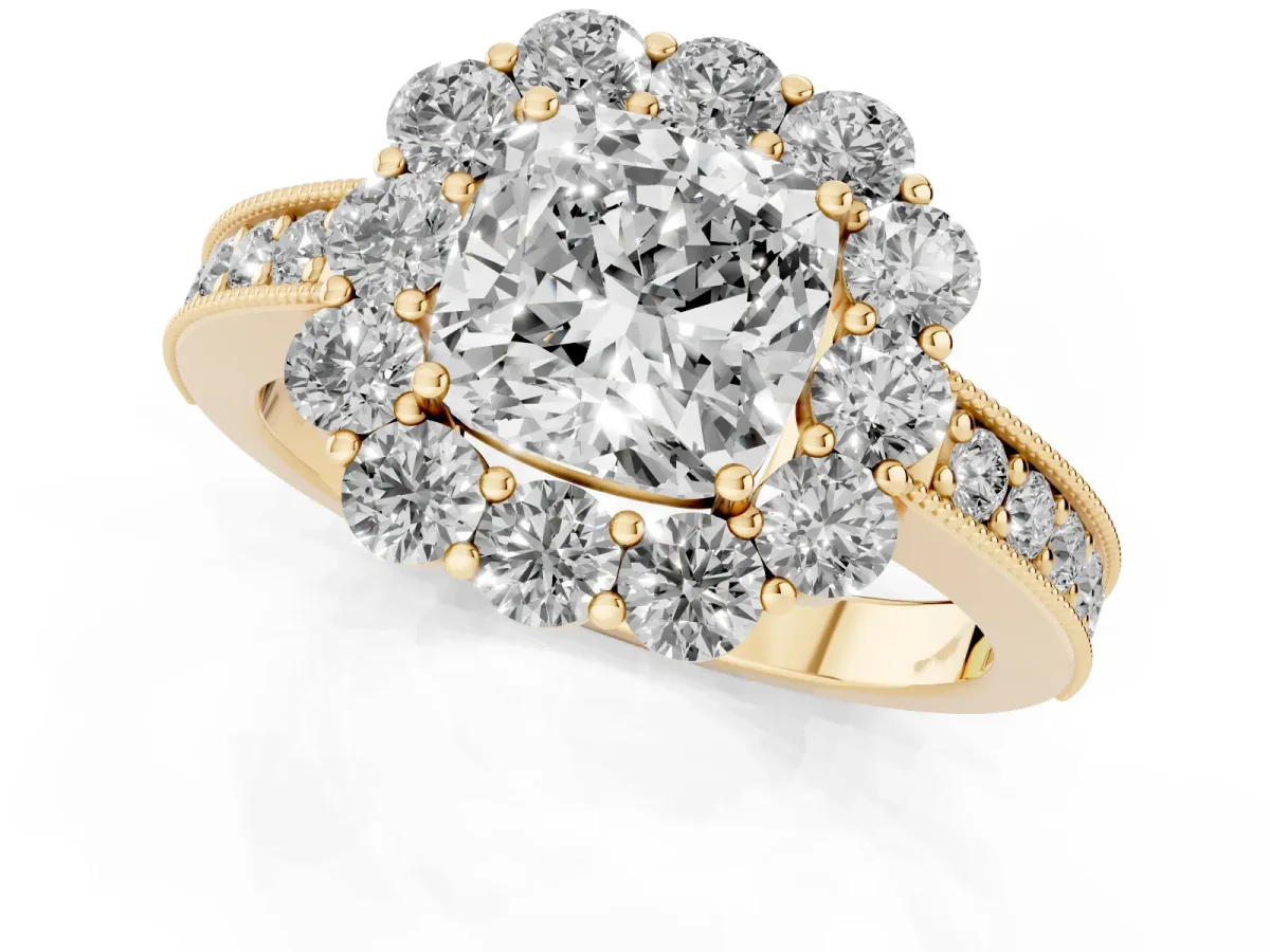 Cushion Cut Cut Halo Diamond Pavé Engagement Ring with Milgrain Detailing Yellow gold