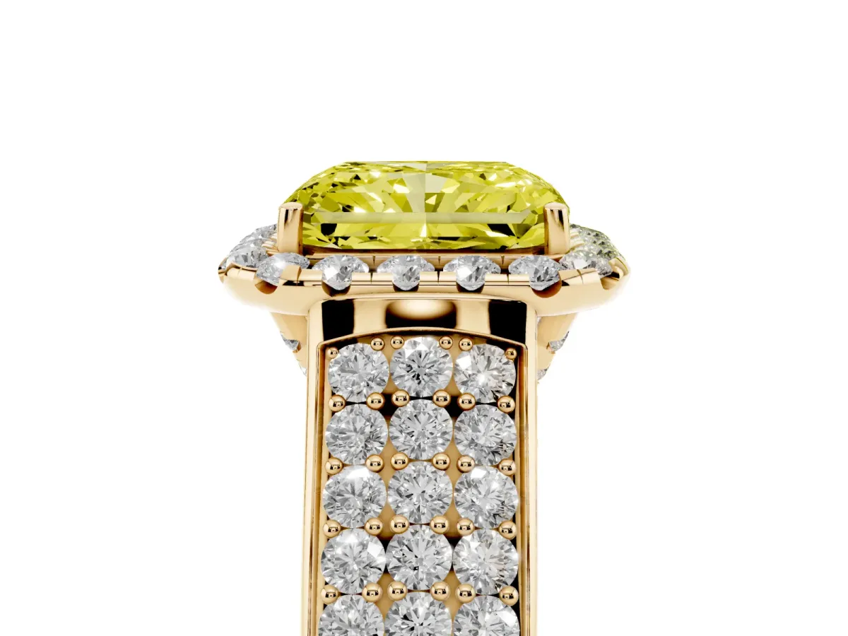 Fancy Yellow Radiant Cut Halo Round Diamond Pave Band with Prong Setting Yellow gold