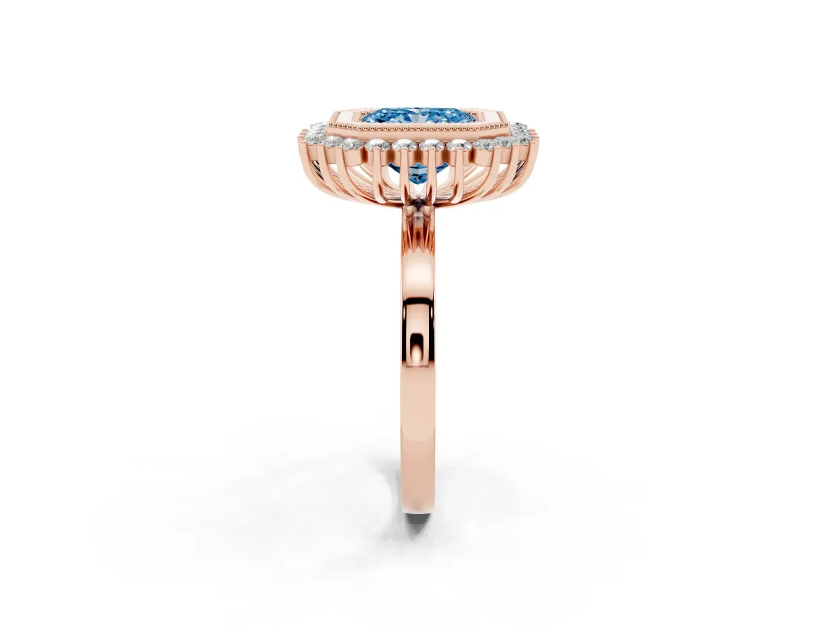 Fancy Blue Radiant Cut Halo Diamond Ring with Milgrain Edge and Round Prong Setting Rose gold