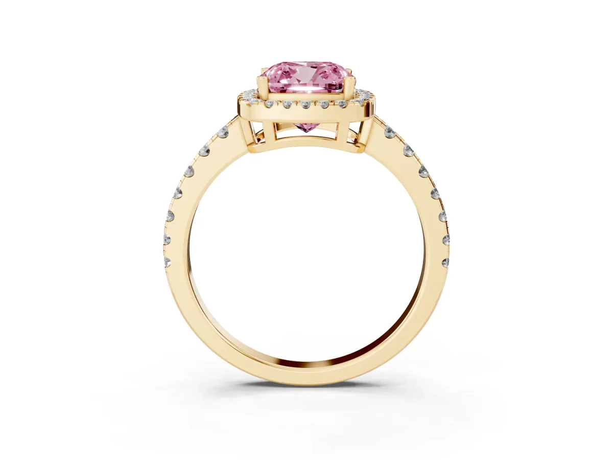 Fancy Pink Cushion Cut Diamond Halo Ring with Pavé Band and Four-Prong Setting Yellow gold