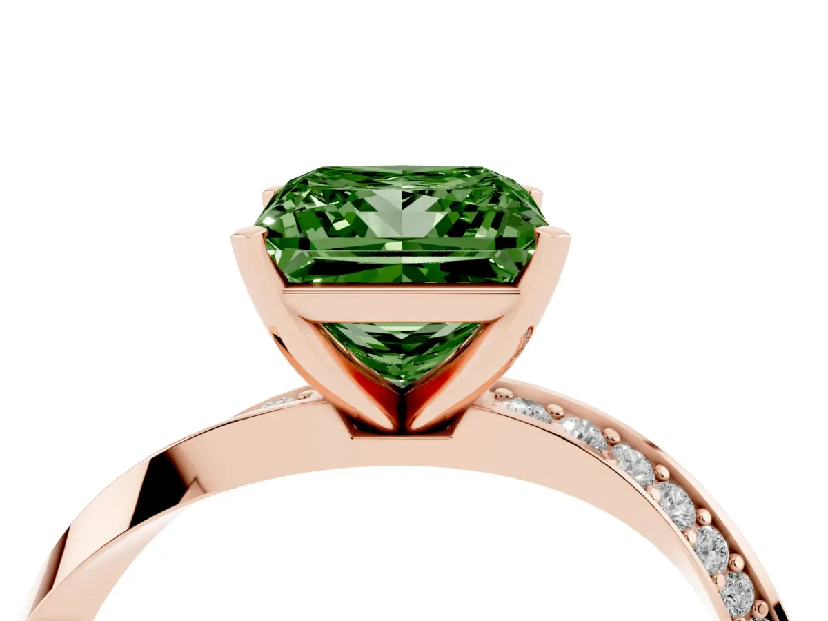Fancy Green Princess Cut Diamond Engagement Ring with Side Stone Accents and Four-Prong Setting Rose gold