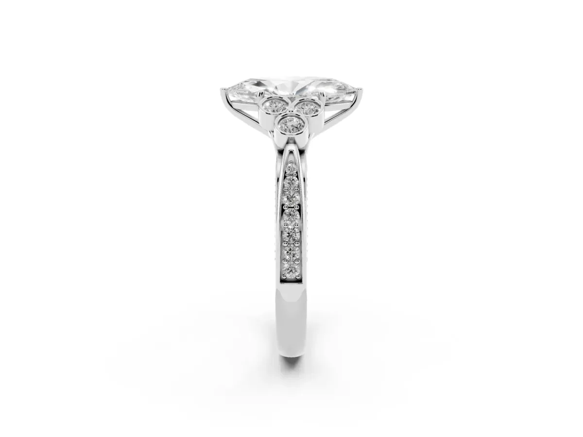 Marquise Cut Cut Diamond Engagement Ring with Bezel Set Round Side Stones and Prong Setting Silver