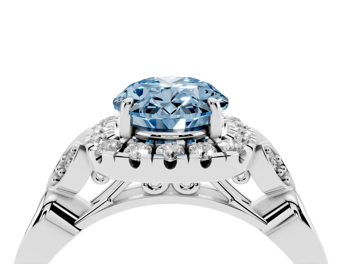 Fancy Blue Oval Cut Halo Diamond Engagement Ring with Vintage-Inspired Band and Four-Prong Setting White gold
