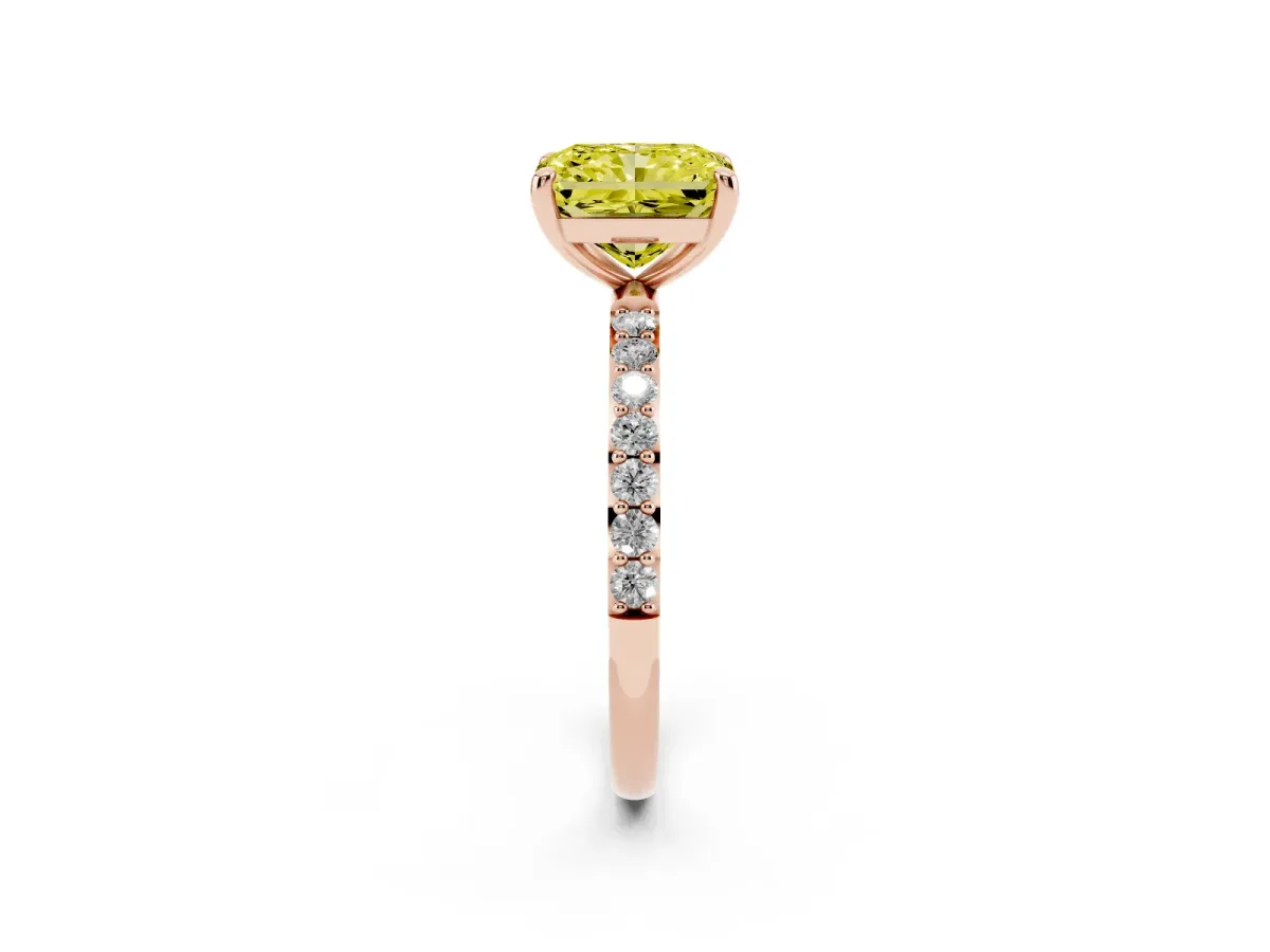 Fancy Yellow Radiant Cut Diamond Solitaire Ring with Round Pavé Band and Prong Setting Rose gold