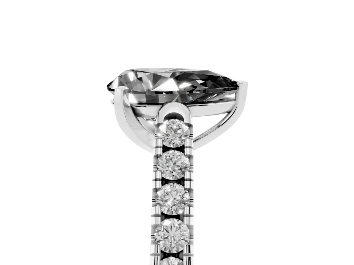 Fancy Black Pear Cut Diamond Pavé Band Solitaire Ring with Prong Setting Silver