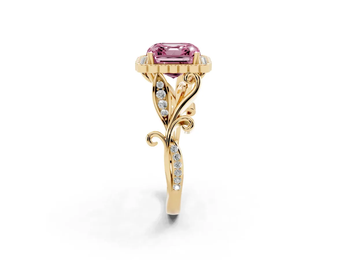 Fancy Pink Asscher Cut Diamond Halo Ring with Vintage Split Shank and Four-Prong Setting Yellow gold