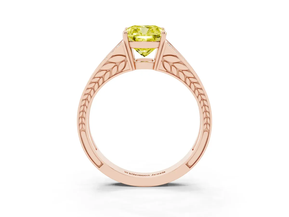 Fancy Yellow Cushion Cut Diamond Split Shank Ring with Pavé Band and Four-Prong Setting Rose gold