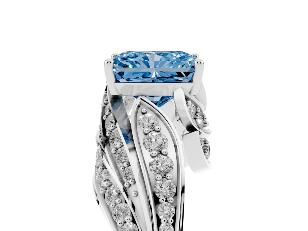 Fancy Blue Radiant Cut Diamond Solitaire Ring with Prong Setting and Twisted Pavé Band Silver