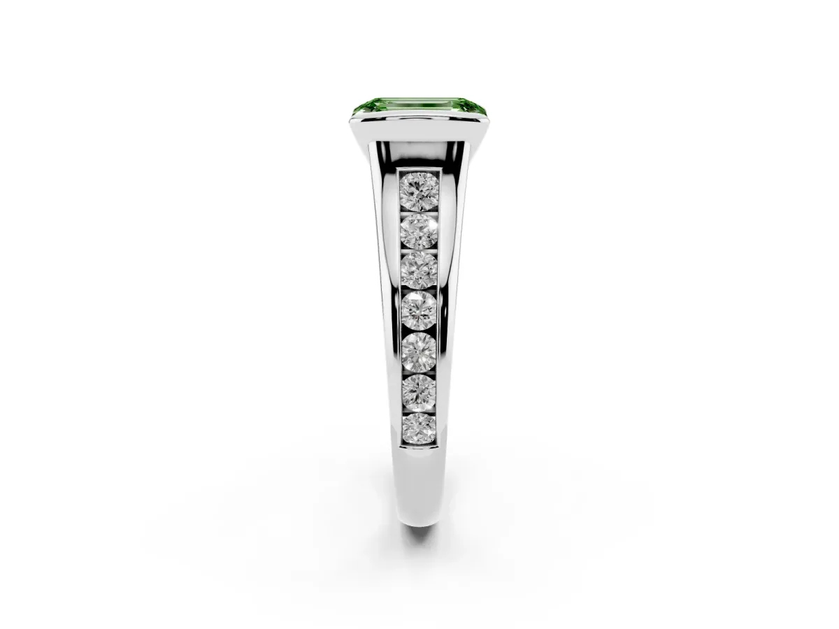 Fancy Green Emerald Cut Solitaire Bezel-Set Diamond Ring with Channel-Set Band Platinum