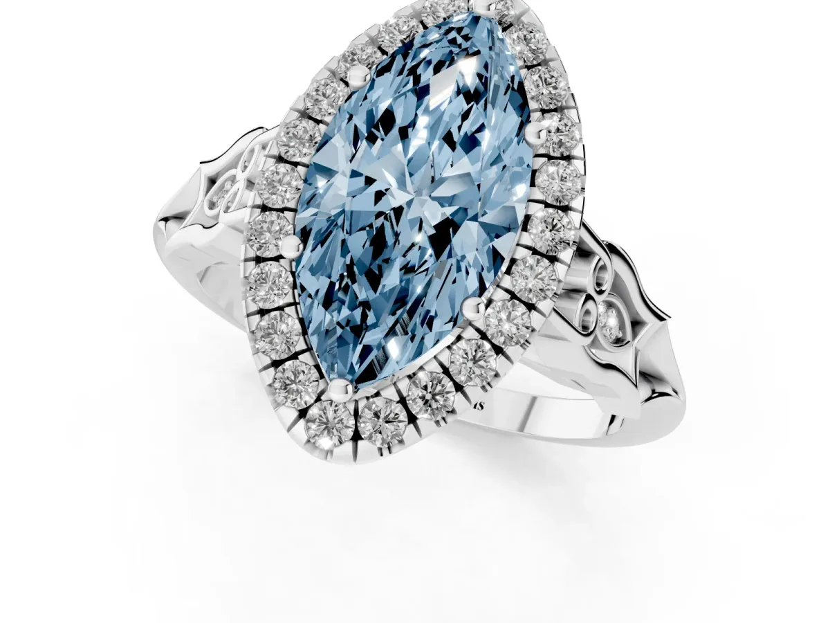 Fancy Blue Marquise Cut Halo Diamond Engagement Ring with Filigree Band and Four-Prong Setting Platinum