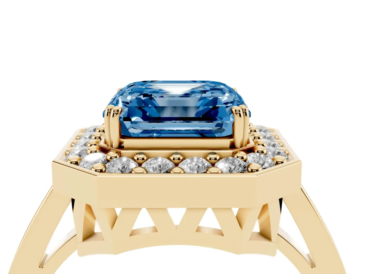 Fancy Blue Asscher Cut Diamond Halo Ring with Split Shank and Four-Prong Setting Yellow gold