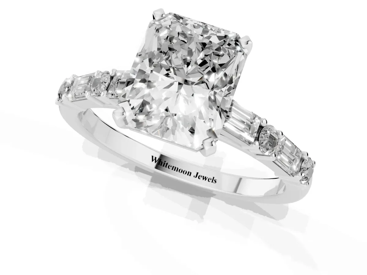 Radiant Cut Diamond Solitaire with Side Baguettes and Channel Set Band Silver