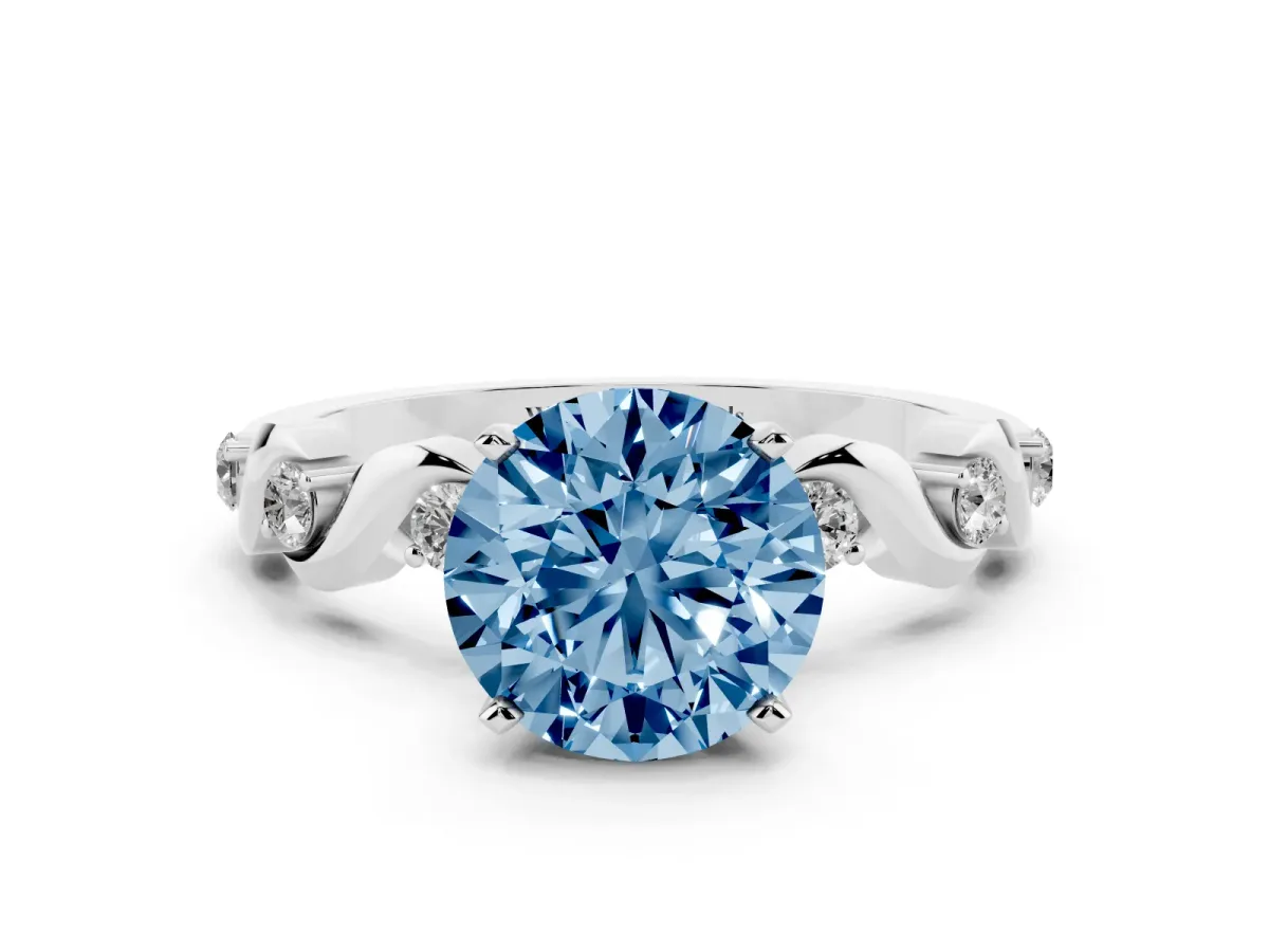 Fancy Blue Round Cut Diamond Solitaire Twisted Band with Round Accents and Prong Setting Silver