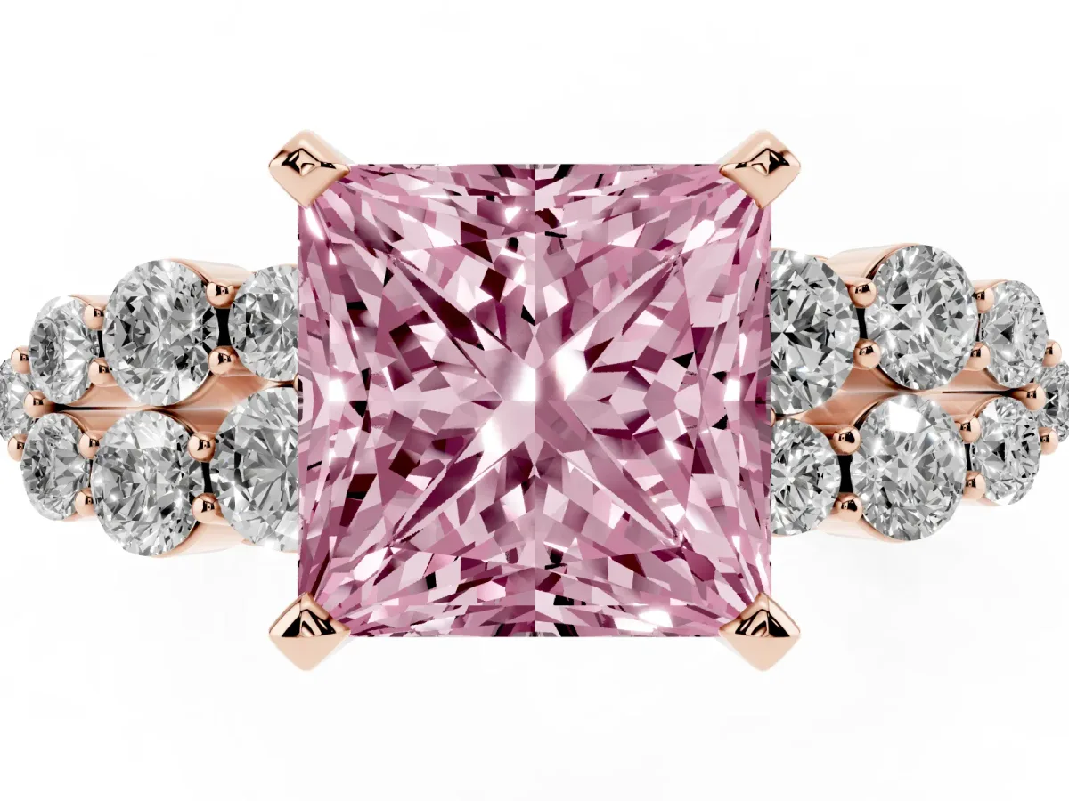 Fancy Pink Princess Cut Cluster Diamond Engagement Ring with Pavé Band and Four-Prong Setting Rose gold