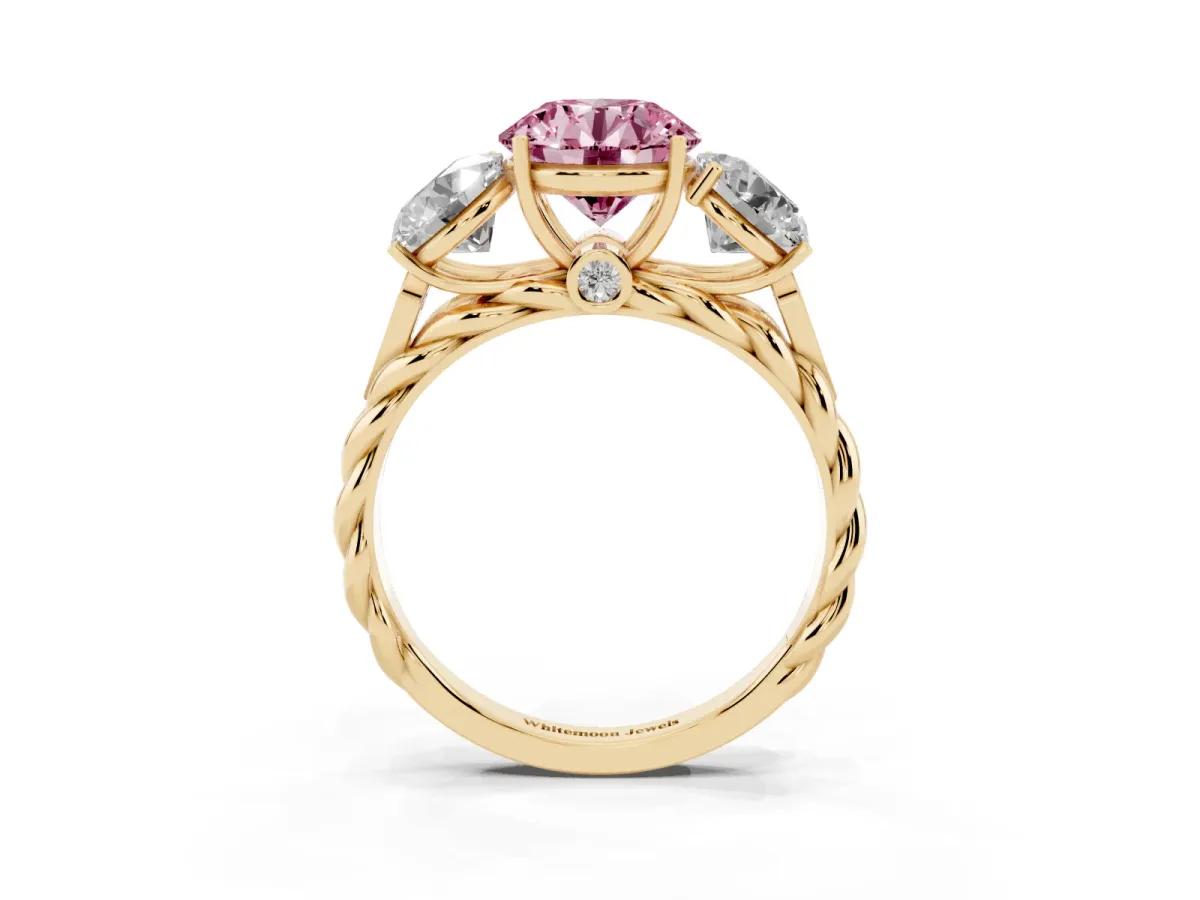 Fancy Pink Three-Stone Round Cut Diamond Braided Band Ring with Four-Prong Setting Yellow gold