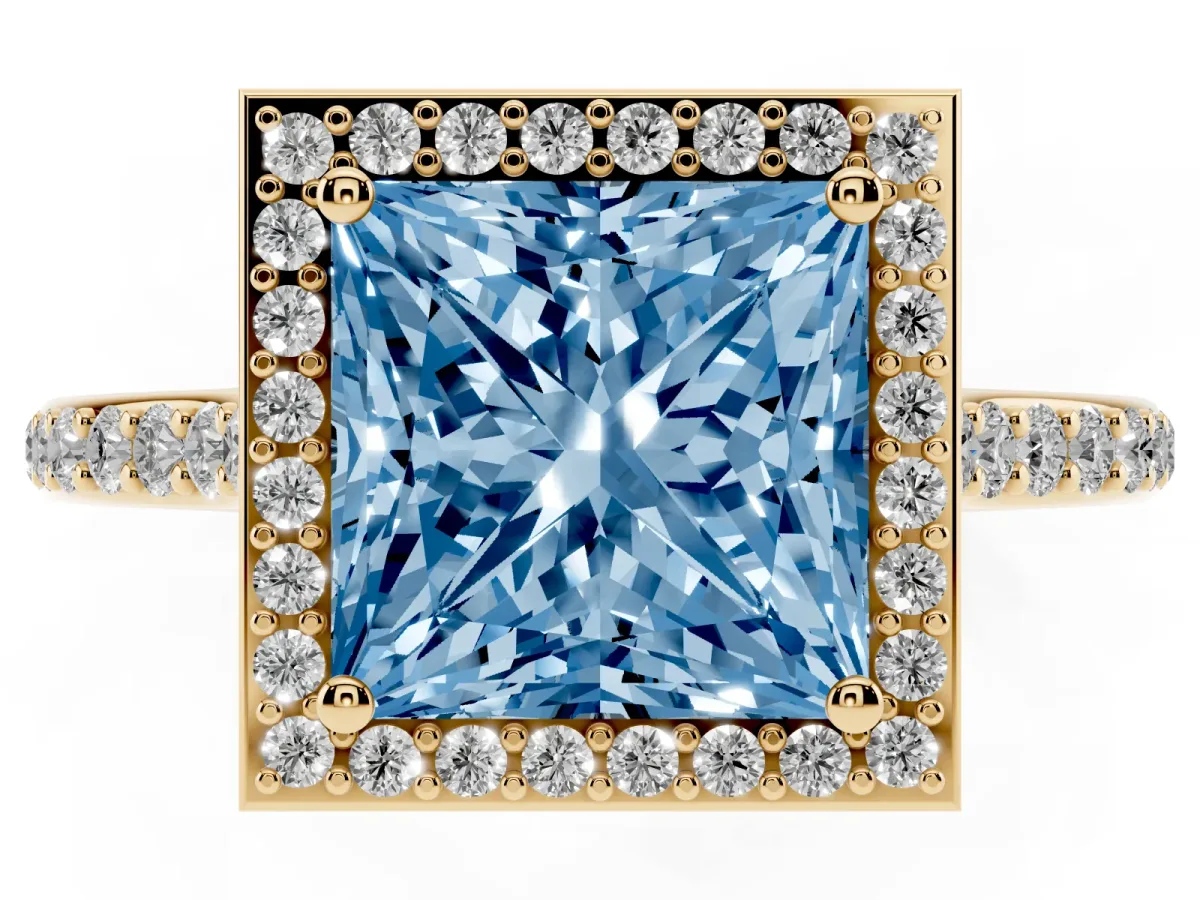 Fancy Blue Princess Cut Diamond Halo Engagement Ring with Round Pavé Shoulders and Prong Setting Yellow gold