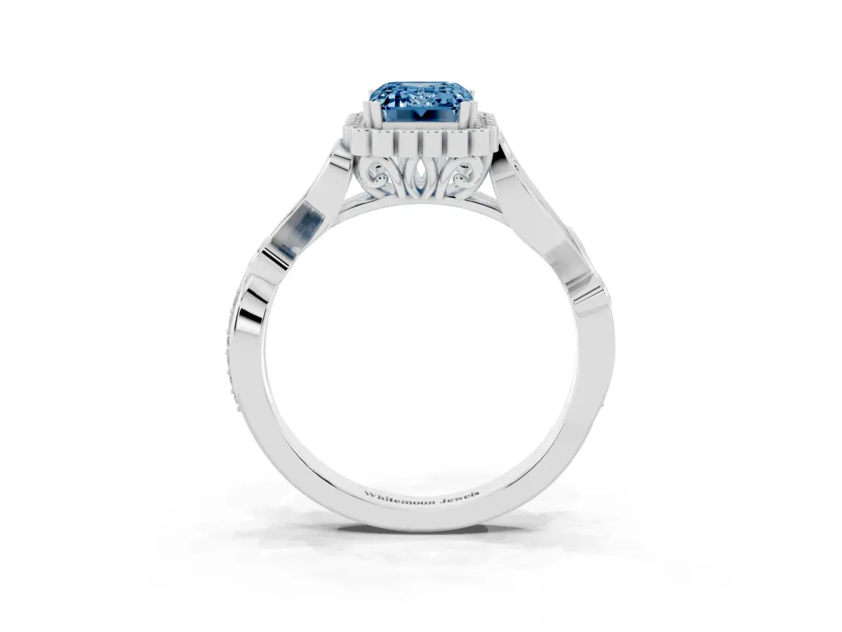 Fancy Blue Emerald Cut Diamond Halo Ring with Vintage Split Shank and Four-Prong Setting Silver