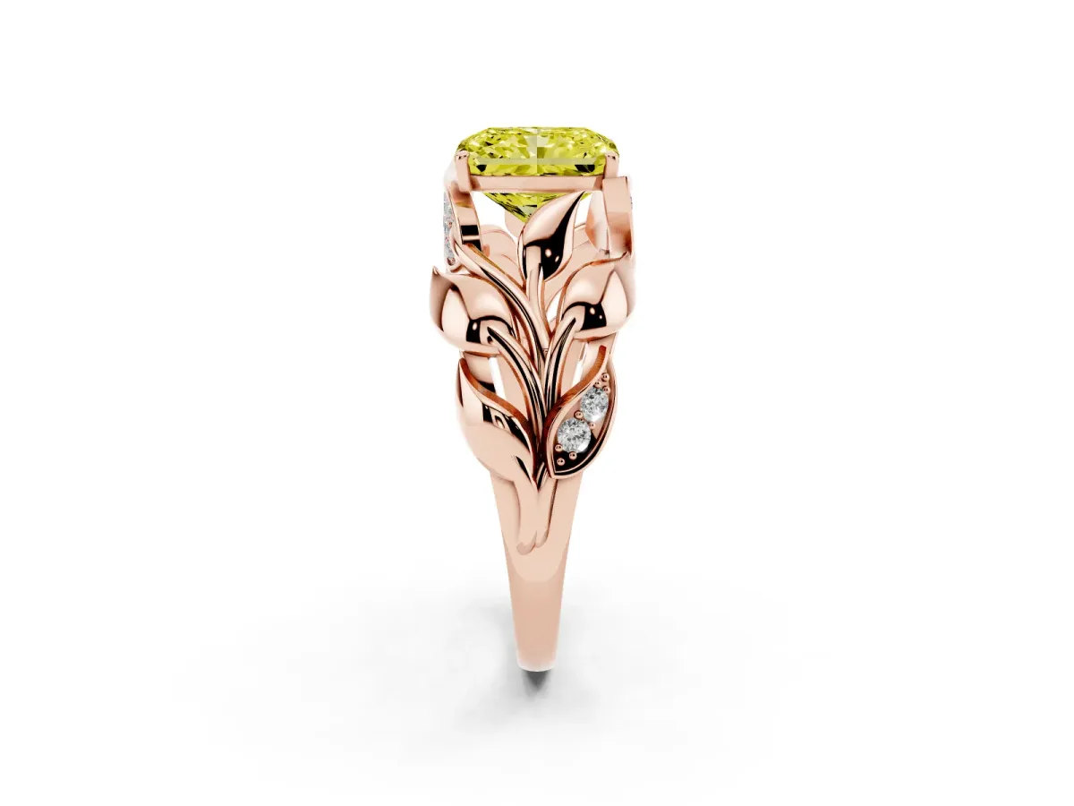 Fancy Yellow Radiant Cut Diamond Leaf-Inspired Engagement Ring with Round Accents and Prong Setting Rose gold