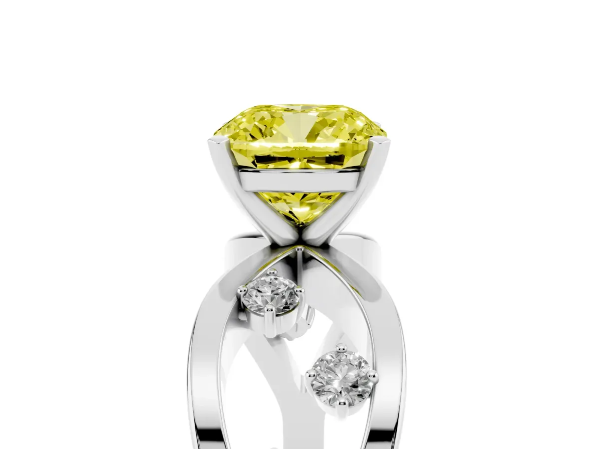 Fancy Yellow Cushion Cut Cut Solitaire Diamond with Side Stones on Criss-Cross Band and Four-Prong Setting Silver