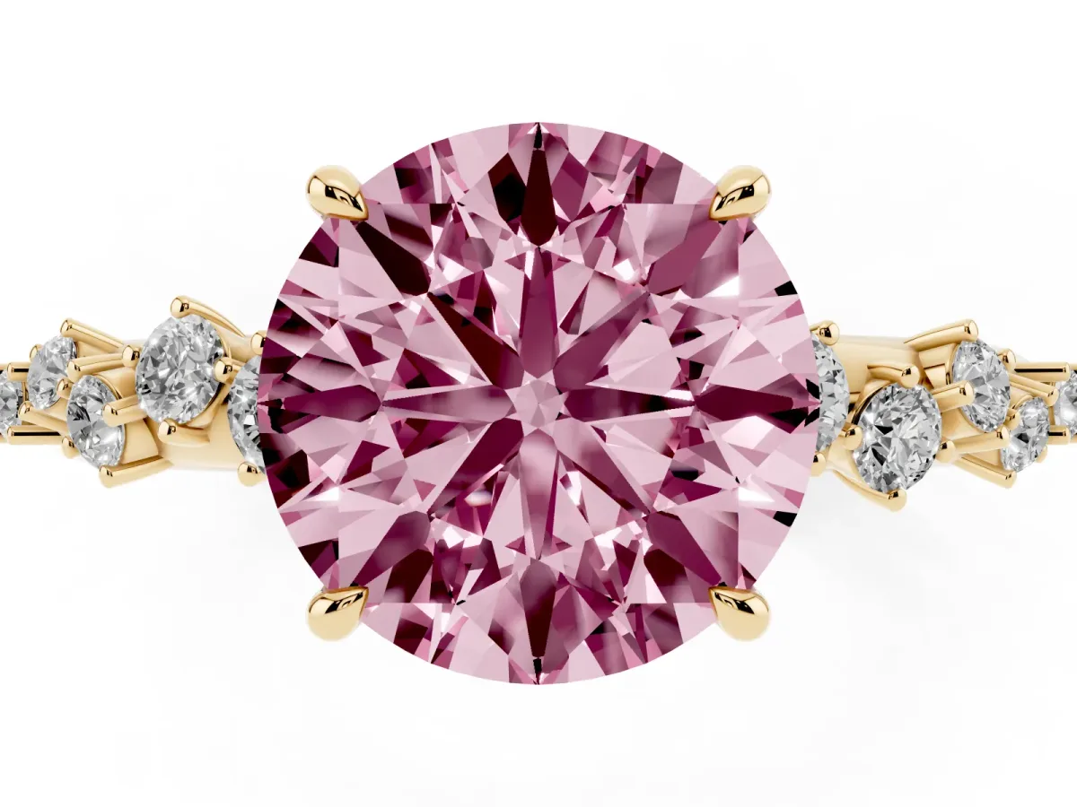 Fancy Pink Round Cut Diamond Cluster Side Stone Solitaire Ring with Prong Setting Yellow gold